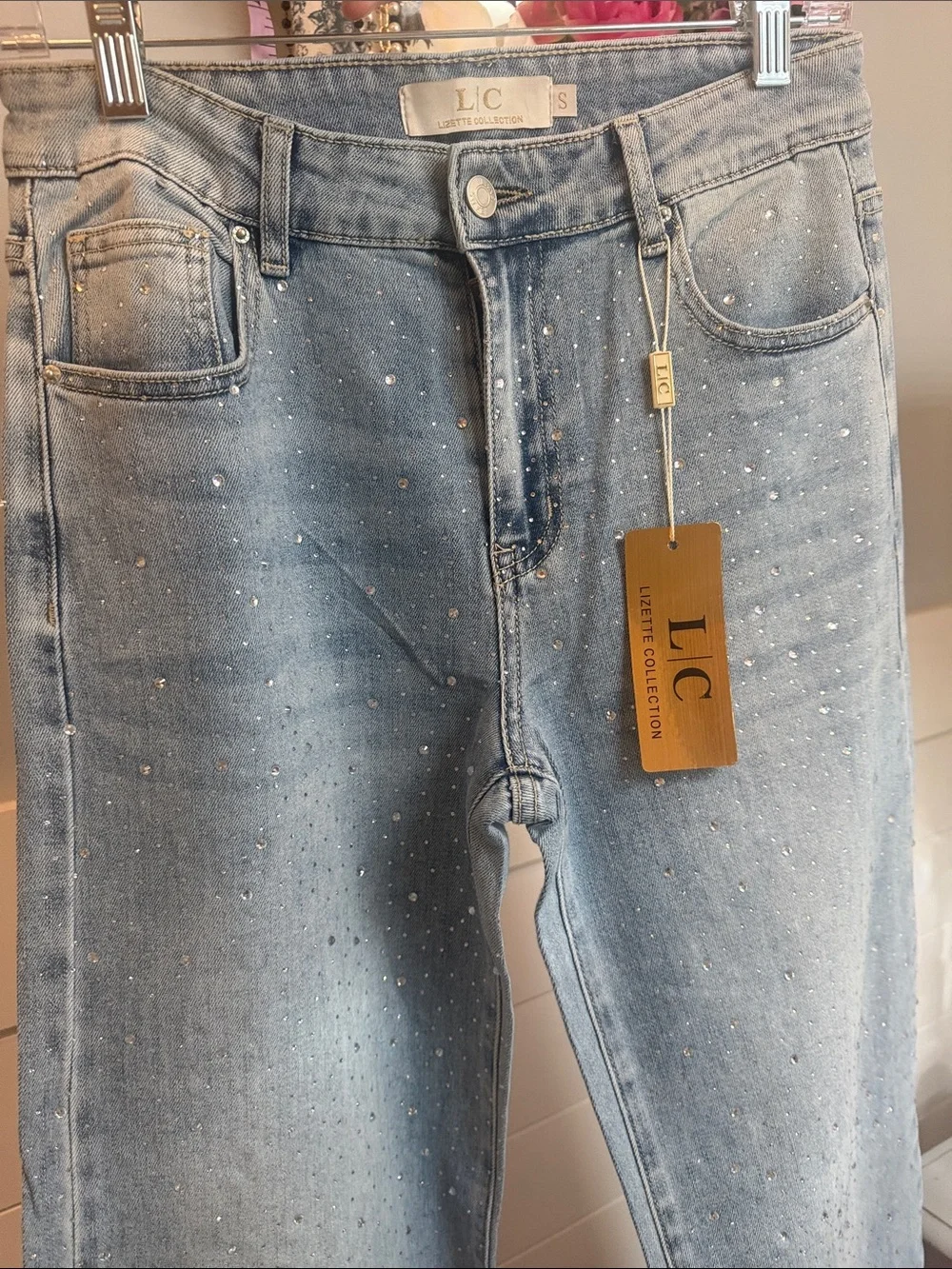 L/C  COLLECTION Light Wash Embellished Straight Jeans